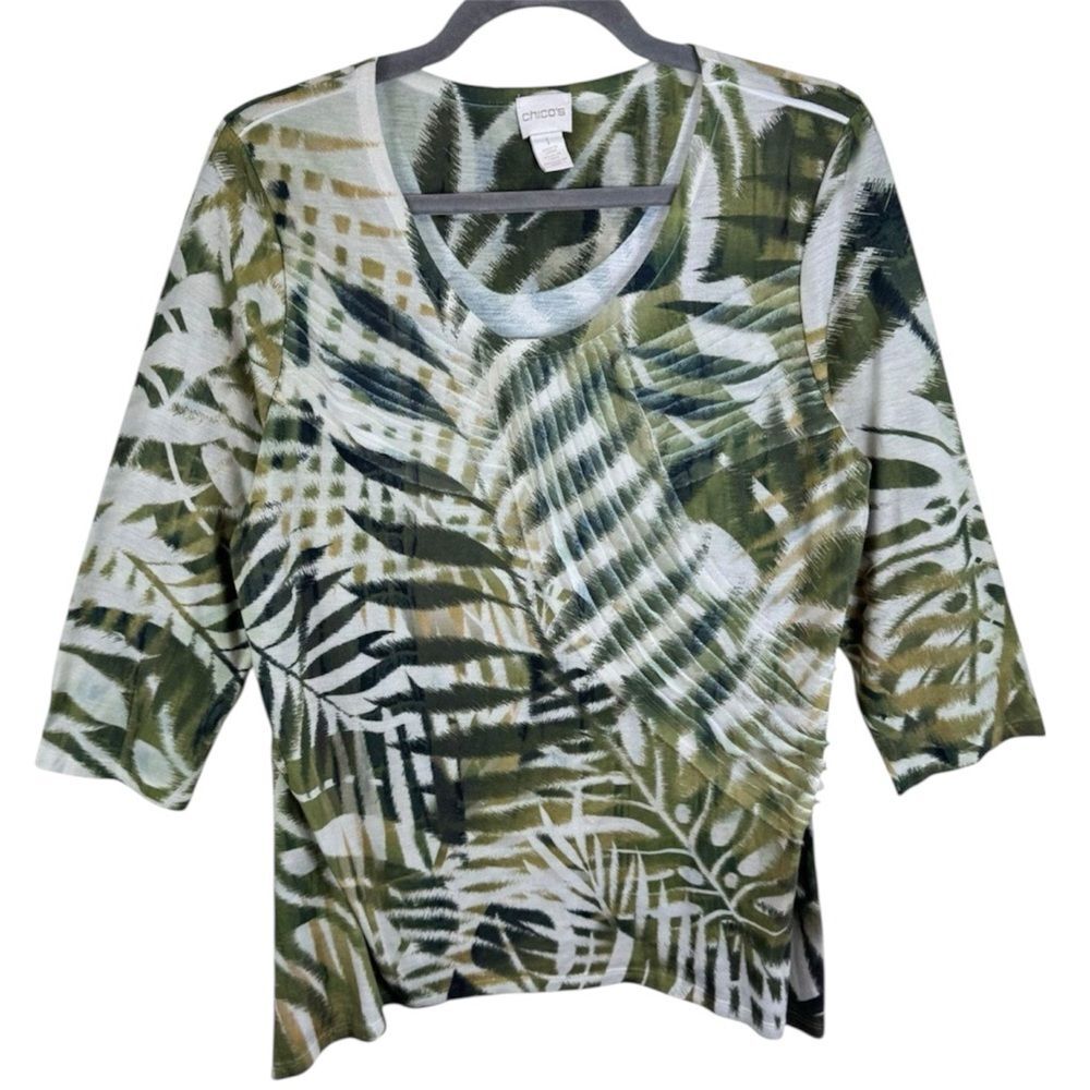 Chico's Leaf Print 3/4 Sleeve Sharkbite Hem Lightweight Stretchy Blouse Size L